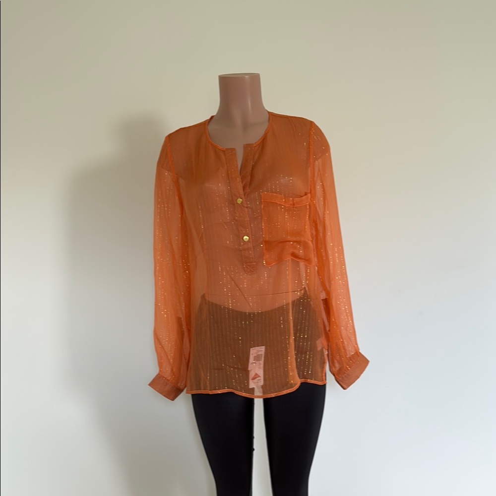 Orange Sheer Buttoned Blouse with Mandarin Collar